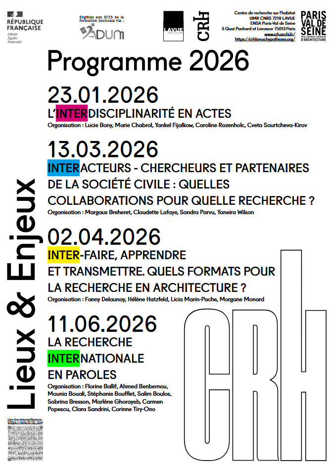 Lieux & enjeux #3 – Inter-faire. Faire, apprendre et transmettre : quels formats de recherche en architecture et en urbanisme ? – 2 avril 2026 – ENSA Paris-Val de Seine